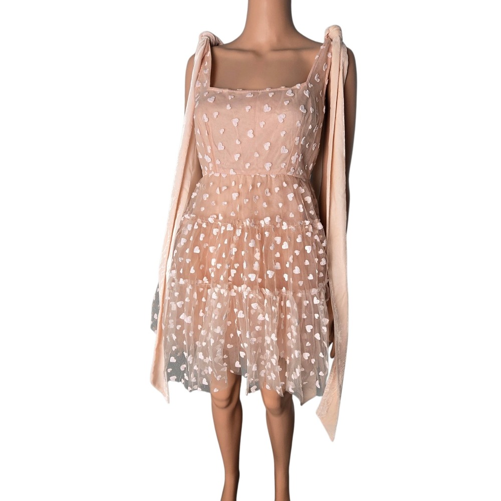Geisha Designs Heart Tulle Mini Dress Pink Velvet Tie Strap Tiered Ruffle 2